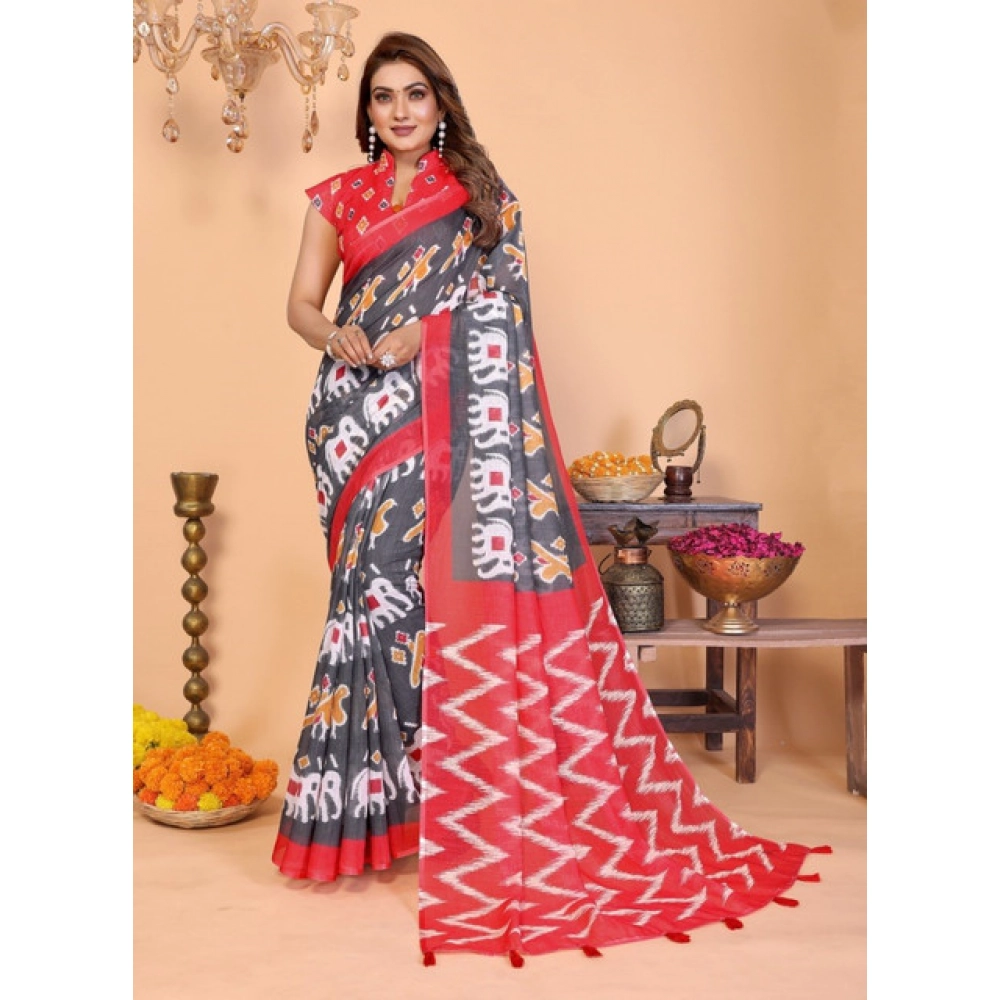 Generic Women's Linen Cotton Printed Saree With Unstitched Blouse 5.5Mtr (Grey) - Image 2