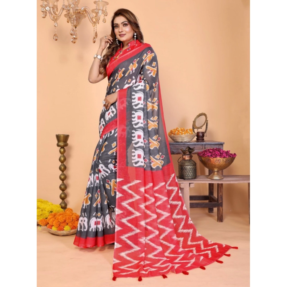 Generic Women's Linen Cotton Printed Saree With Unstitched Blouse 5.5Mtr (Grey) - Image 5