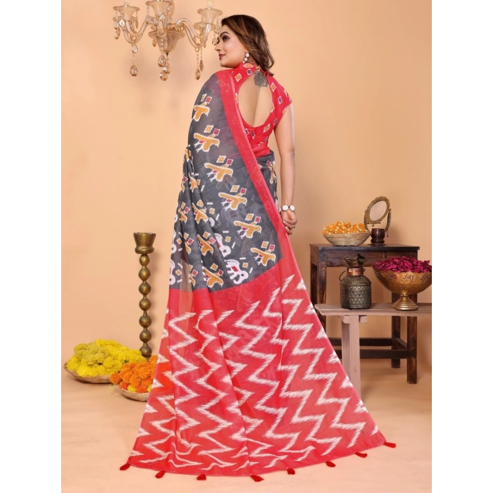 Generic Women's Linen Cotton Printed Saree With Unstitched Blouse 5.5Mtr (Grey) - Image 4