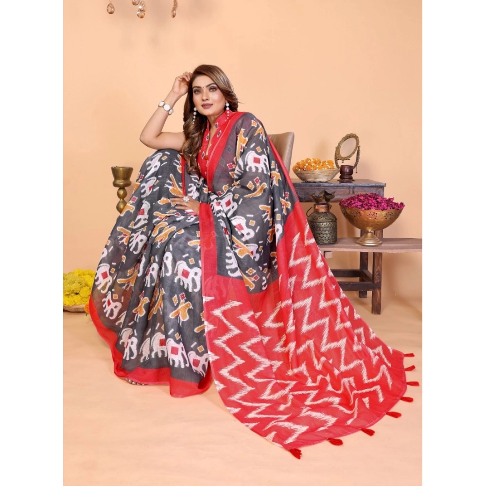 Generic Women's Linen Cotton Printed Saree With Unstitched Blouse 5.5Mtr (Grey) - Image 3