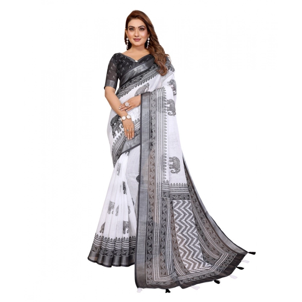 Generic Women's Linen Cotton Printed Saree With Unstitched Blouse 5.5Mtr (White-Black) - Image 6