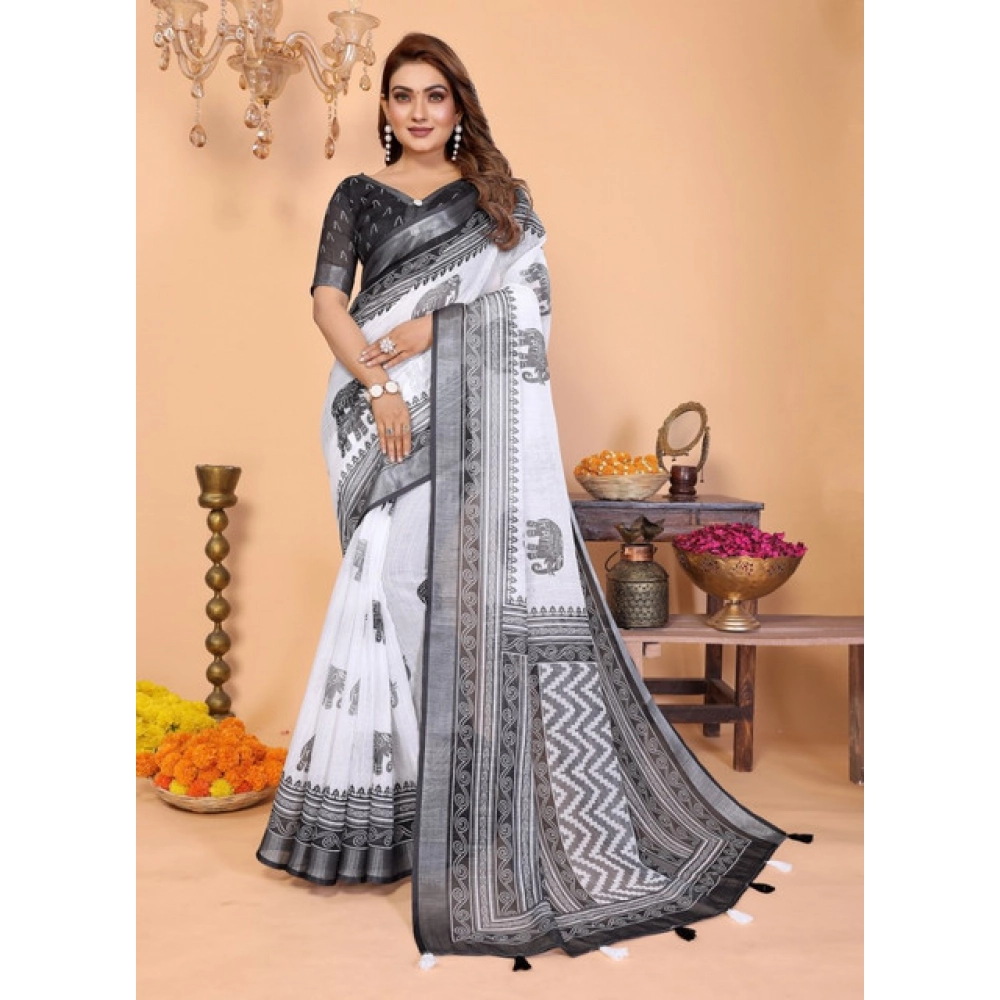 Generic Women's Linen Cotton Printed Saree With Unstitched Blouse 5.5Mtr (White-Black) - Image 2