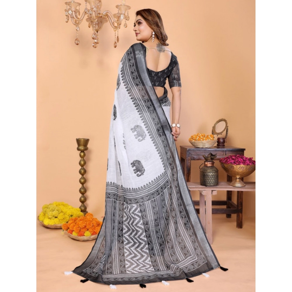 Generic Women's Linen Cotton Printed Saree With Unstitched Blouse 5.5Mtr (White-Black) - Image 5