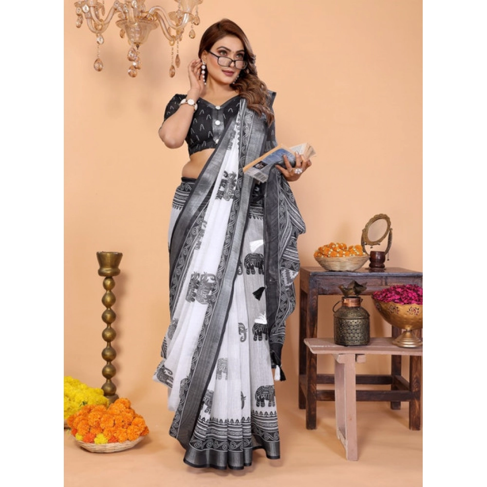 Generic Women's Linen Cotton Printed Saree With Unstitched Blouse 5.5Mtr (White-Black) - Image 4