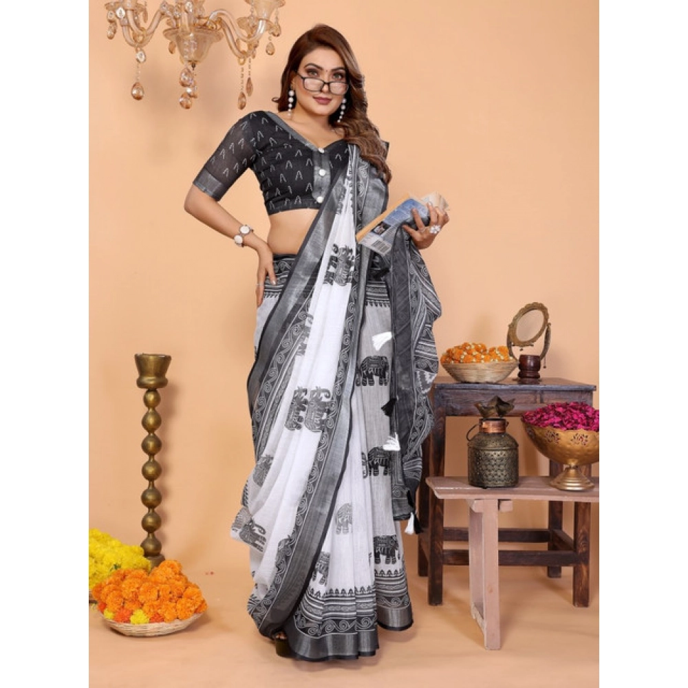 Generic Women's Linen Cotton Printed Saree With Unstitched Blouse 5.5Mtr (White-Black) - Image 3