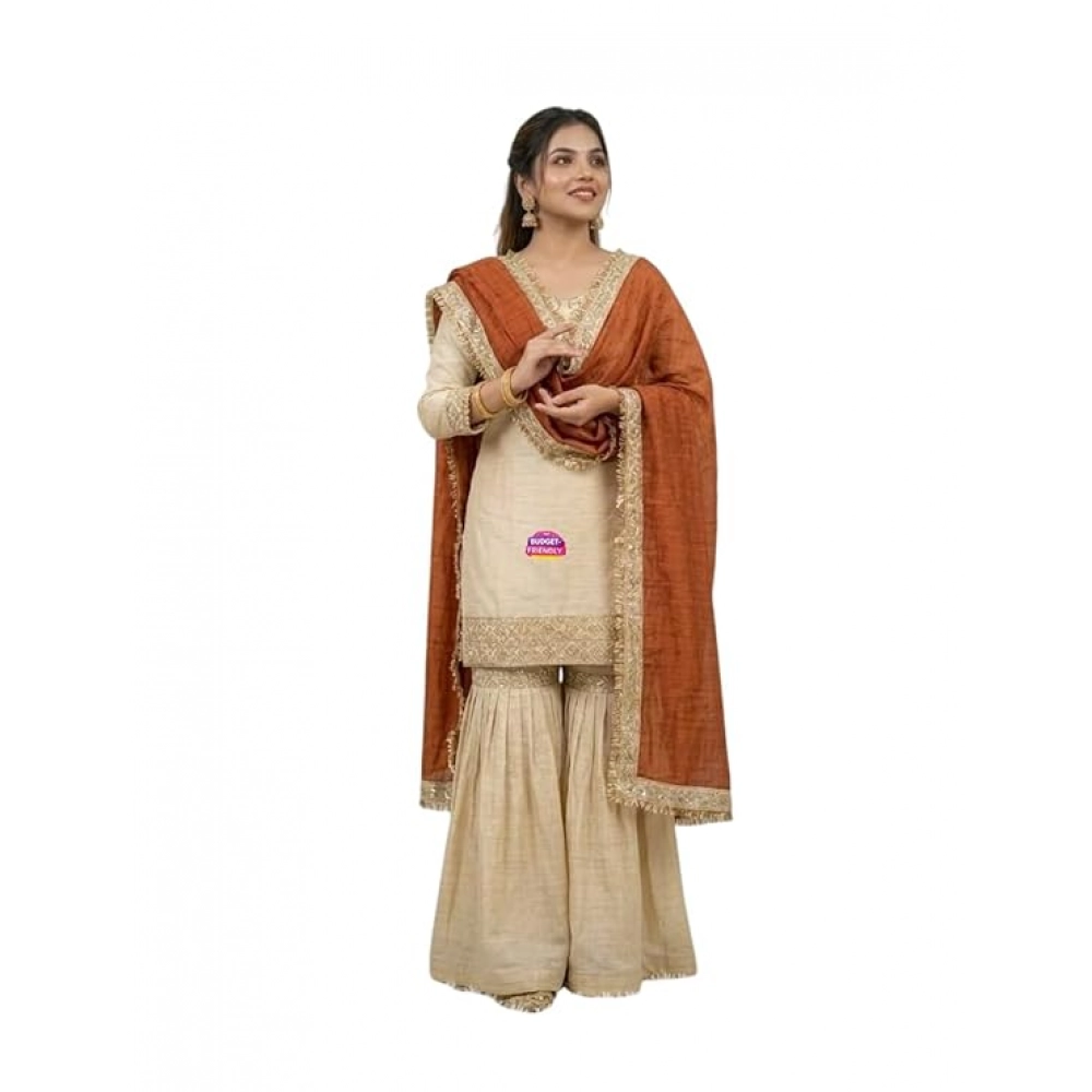 Generic Women's Silk Embroidered 3/4th Sleeve V-Neck Kurti With Sharara Pant and Dupatta Set (Cream & Orange) - Image 6