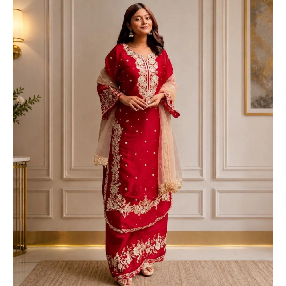Generic Women's Silk Embroidered 3/4th Sleeve Round Readymade Kurti With Palazzo Pant and Dupatta Set (Red)
