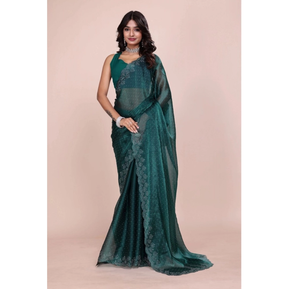 Generic Women's Jimmy choo Embellished Bollywood Saree With Unstitched Blouse 5.5Mtr (Green) - Image 2