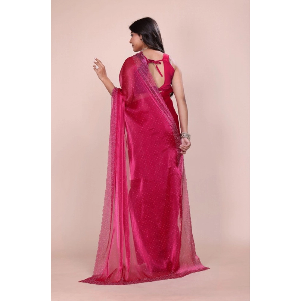 Generic Women's Jimmy choo Embellished Bollywood Saree With Unstitched Blouse 5.5Mtr (Red) - Image 2