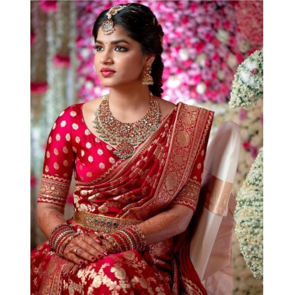 Generic Women's Litchi silk Printed Saree With Unstitched Blouse (Red) - Image 2