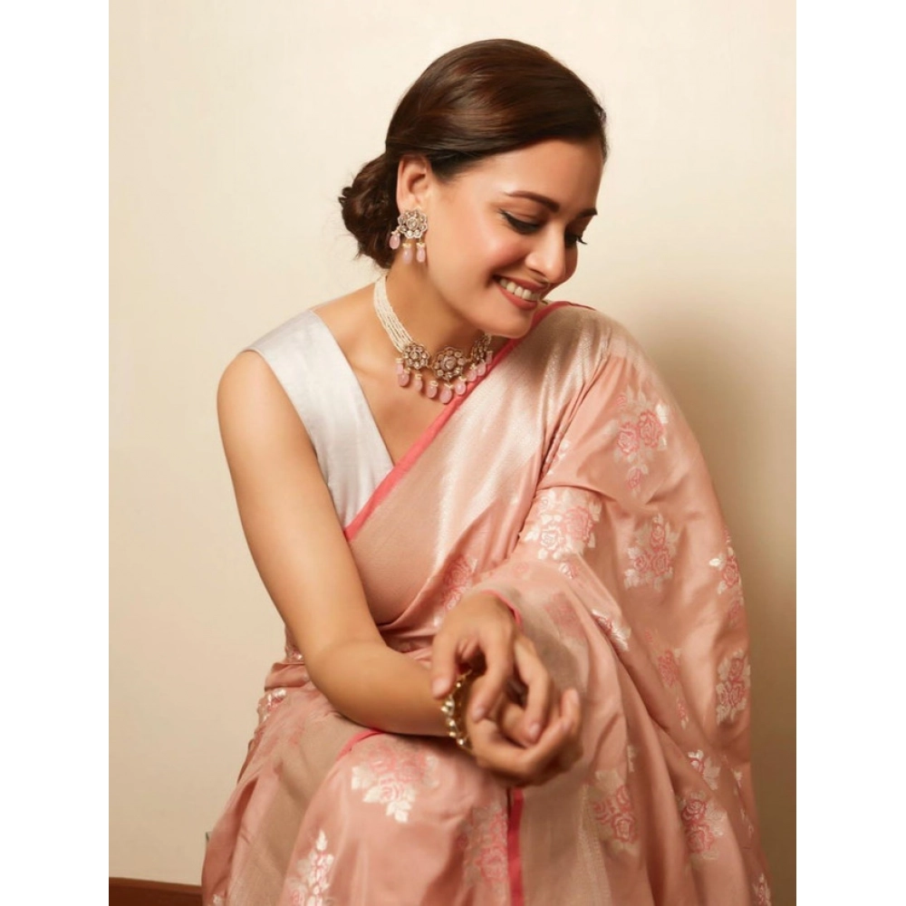 Generic Women's Litchi silk Printed Saree With Unstitched Blouse (Peach) - Image 2