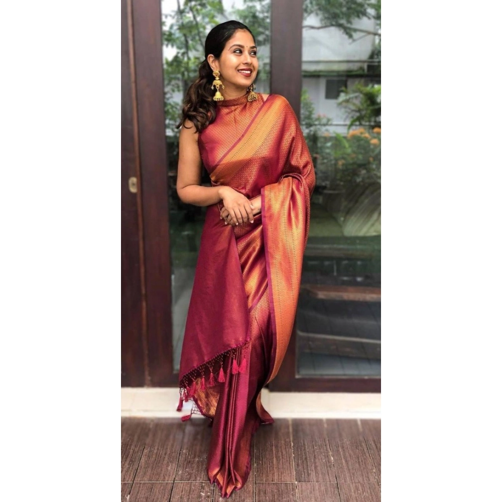 Generic Women's Litchi silk Printed Saree With Unstitched Blouse (Red) - Image 3