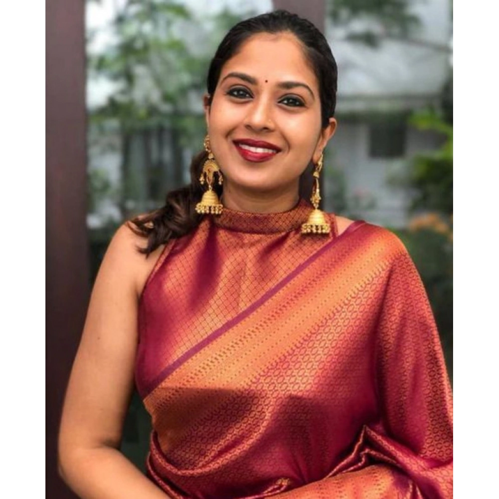 Generic Women's Litchi silk Printed Saree With Unstitched Blouse (Red) - Image 2