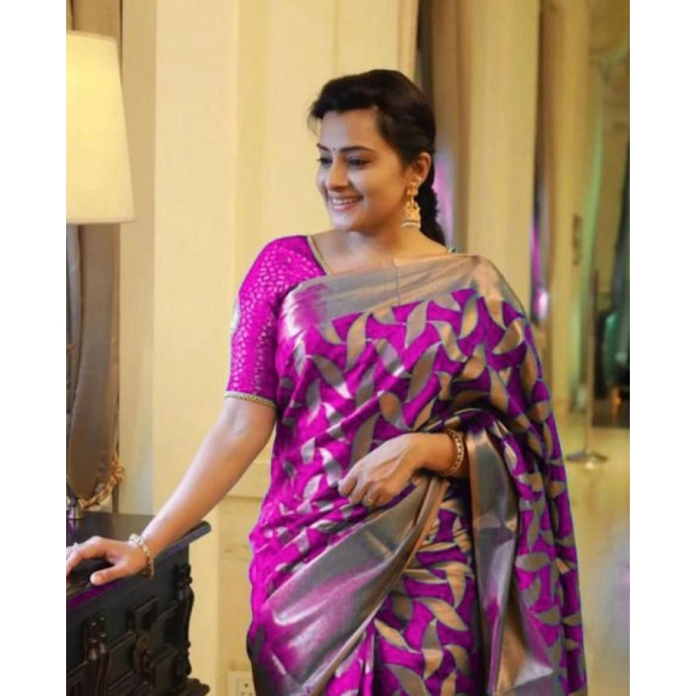 Generic Women's Litchi silk Printed Saree With Unstitched Blouse (Pink) - Image 2