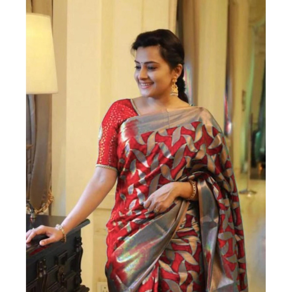 Generic Women's Litchi silk Printed Saree With Unstitched Blouse (Red) - Image 2