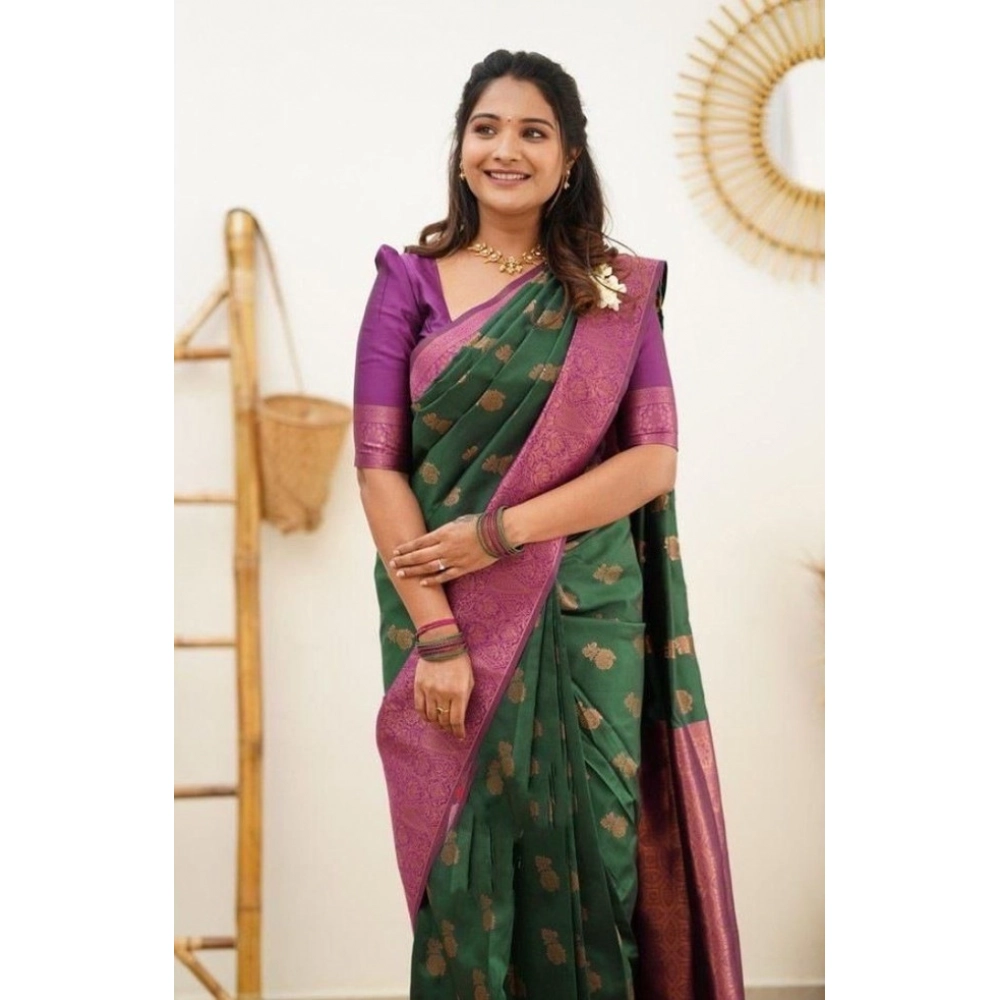 Generic Women's Litchi silk Printed Saree With Unstitched Blouse (Green) - Image 2