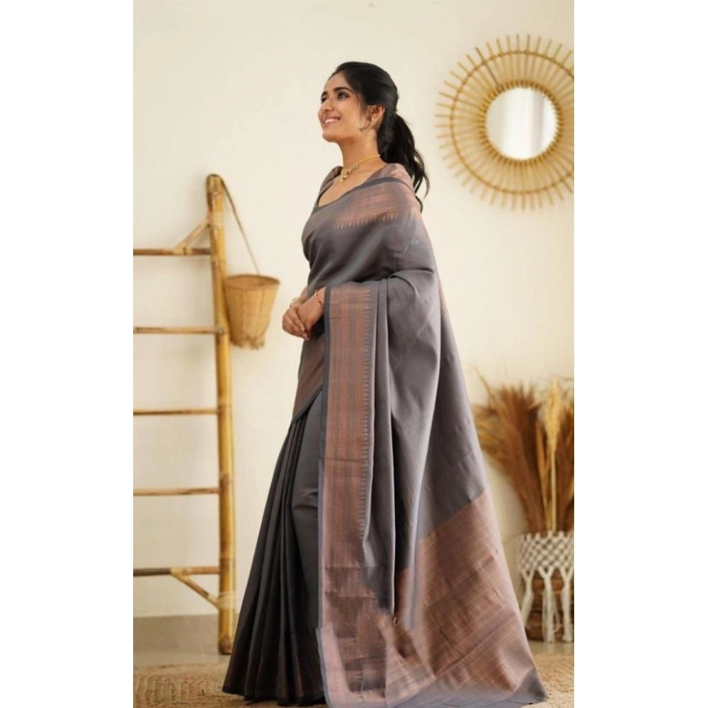 Generic Women's Litchi silk Printed Saree With Unstitched Blouse (Grey) - Image 4