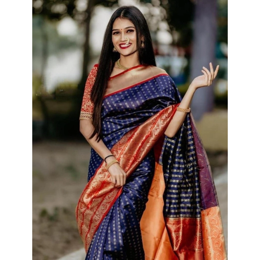 Generic Women's Litchi silk Printed Saree With Unstitched Blouse (Blue) - Image 3