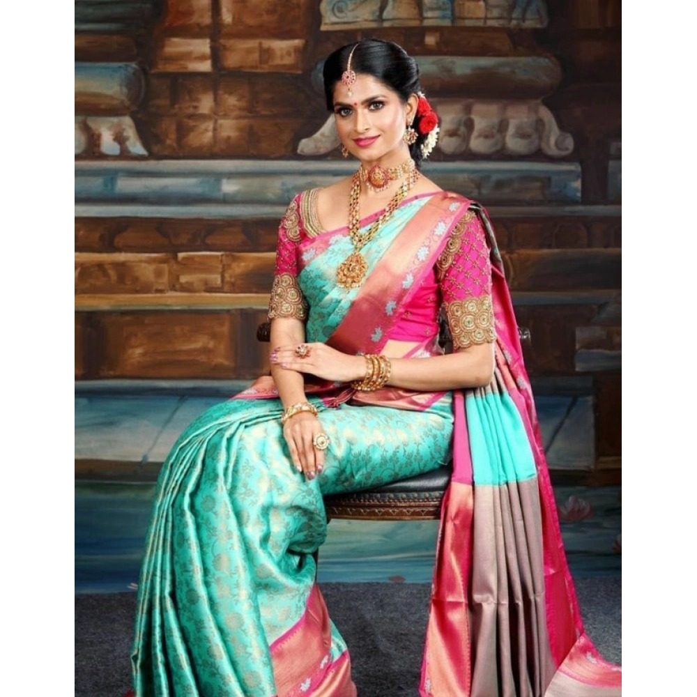 Generic Women's Litchi silk Printed Saree With Unstitched Blouse (Turquise Blue) - Image 3