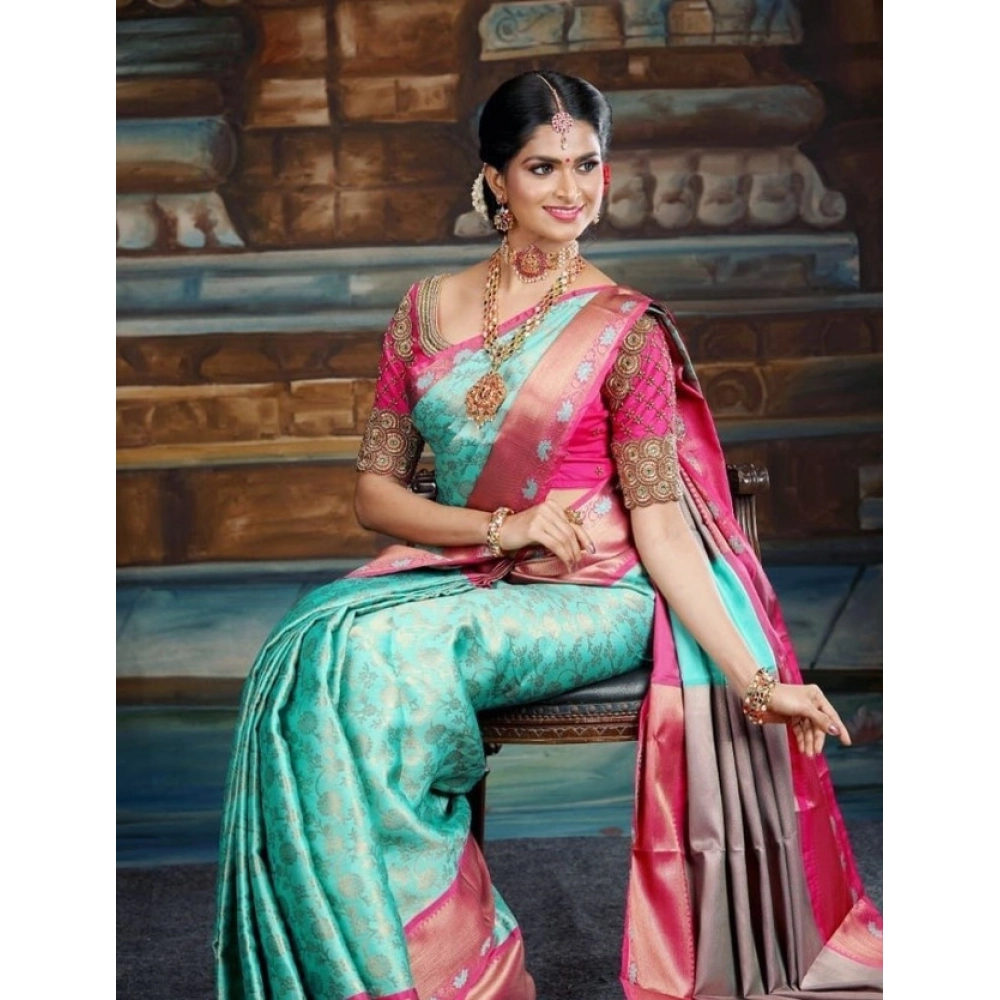 Generic Women's Litchi silk Printed Saree With Unstitched Blouse (Turquise Blue) - Image 2