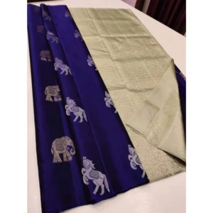 Generic Women's Litchi silk Printed Saree With Unstitched Blouse (Navy Blue With White)