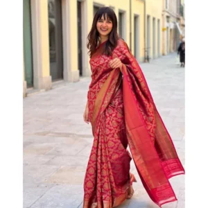 Generic Women's Litchi silk Printed Saree With Unstitched Blouse (Red)