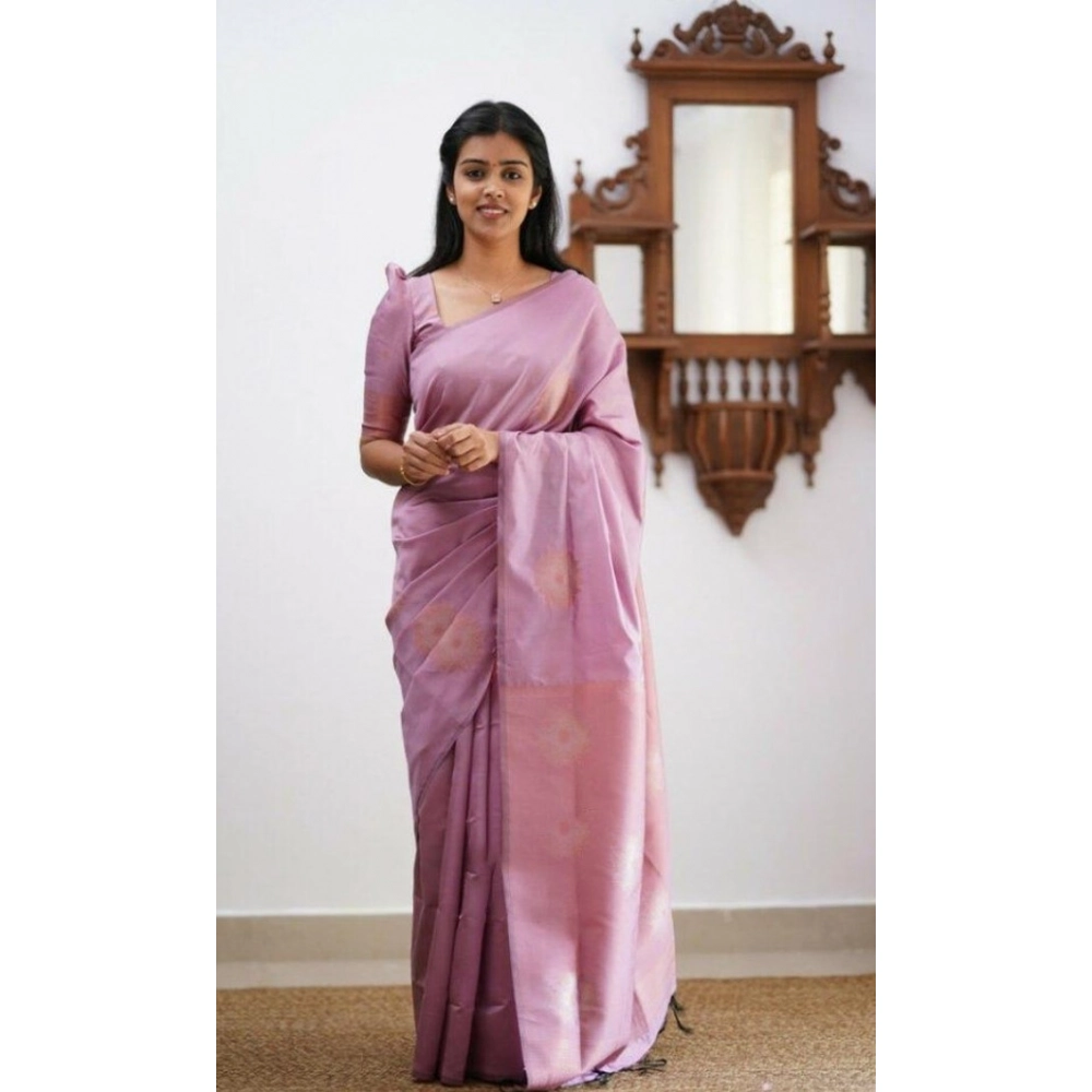 Generic Women's Litchi silk Printed Saree With Unstitched Blouse (Light Pink)
