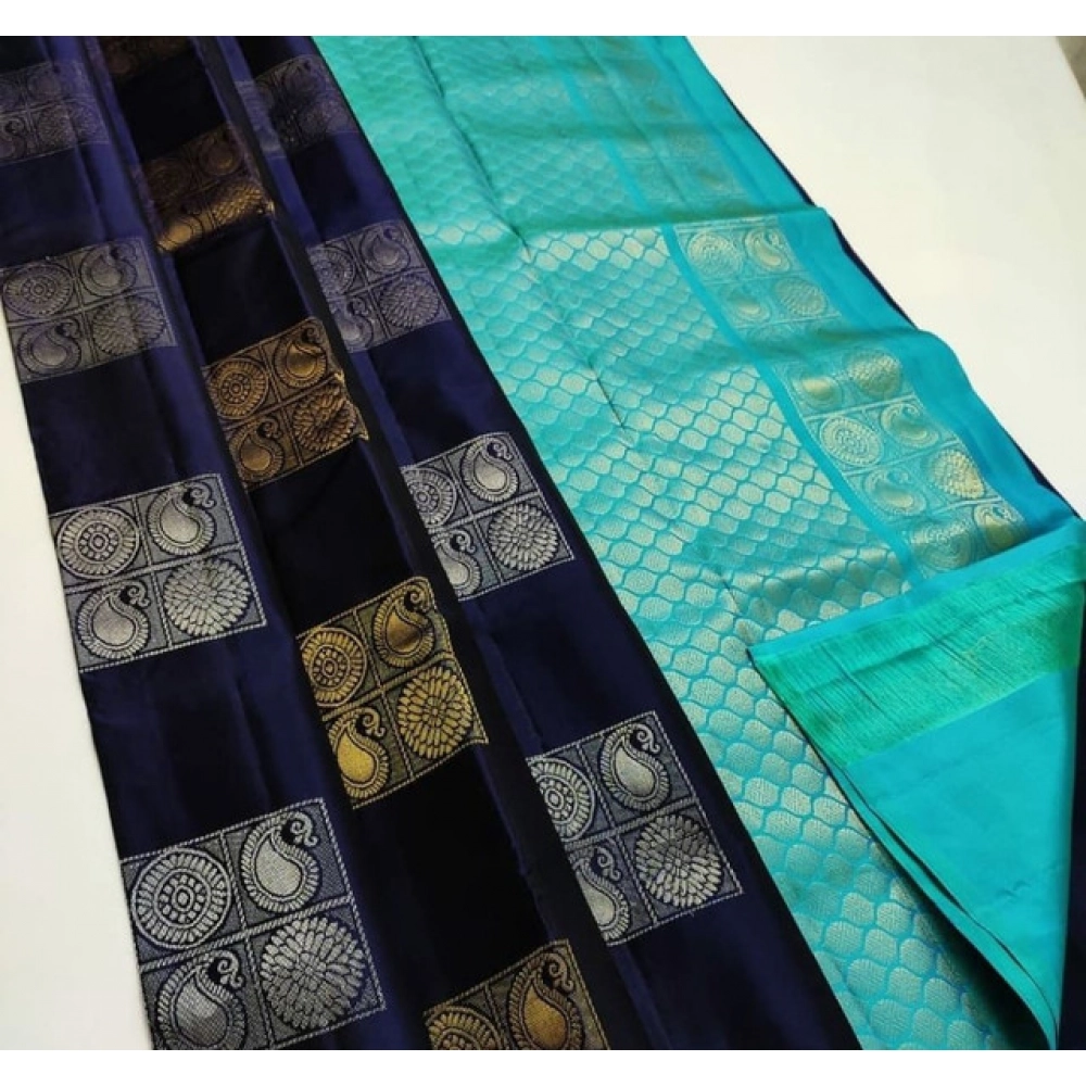 Generic Women's Litchi silk Printed Saree With Unstitched Blouse (Navy Blue With Turquise Blue)