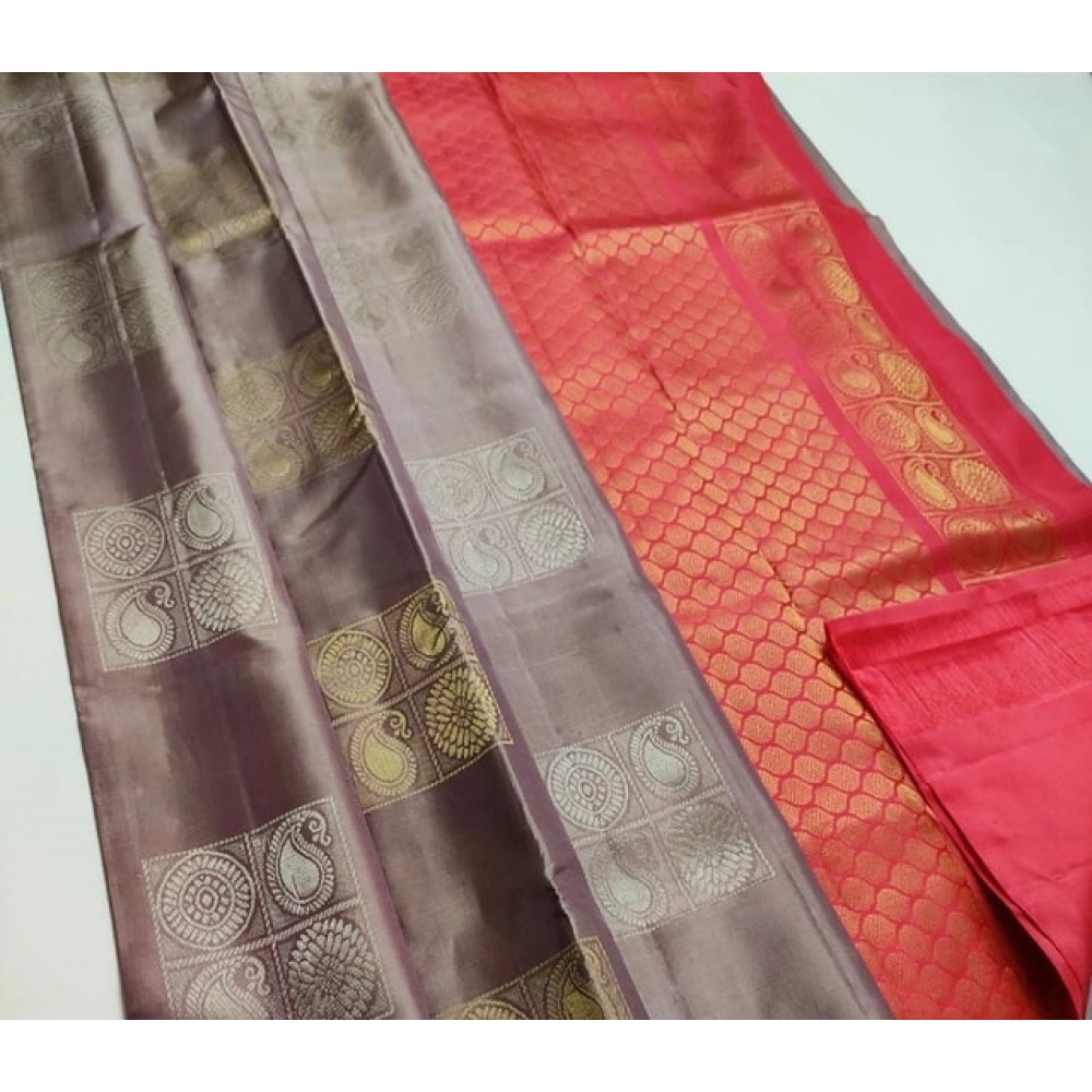 Generic Women's Litchi silk Printed Saree With Unstitched Blouse (Brown With Orange)