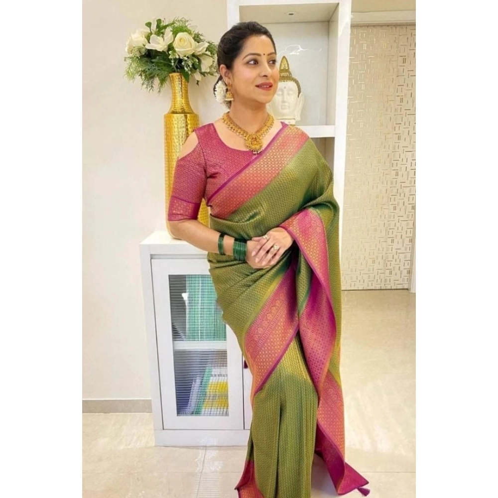 Generic Women's Soft Lichi Silk Printed Saree With Unstitched Blouse 5.5Mtr (Mehndi-Green) - Image 2