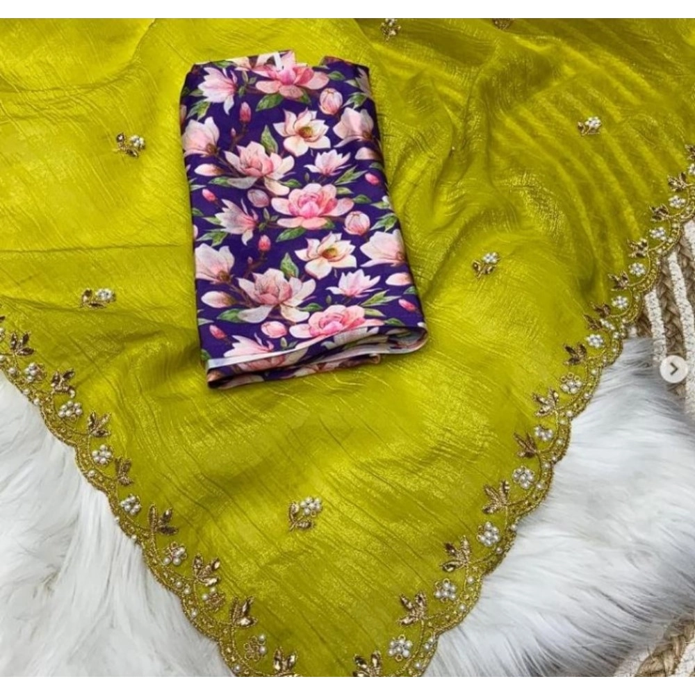 Generic Women's Stone Work Soft Silk Saree With Unstitched Blouse (Green, 5-6 Mtrs) - Image 2