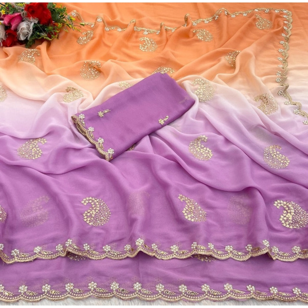 Generic Women's Digital Printed Geogette Saree With Unstitched Blouse (Wine, 5-6 Mtrs) - Image 2