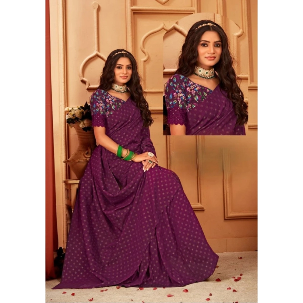 Generic Women's Printed Brasso Saree With Unstitched Blouse (Magenta, 5-6 Mtrs) - Image 6