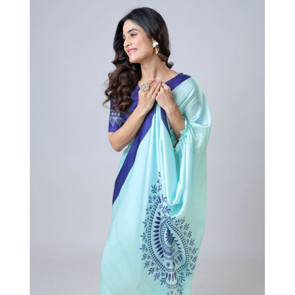 Generic Women's Soft Crepe Silk Printed Ready To Wear Saree With Unstitched Blouse 5.5Mtr (Turquoise) - Image 4