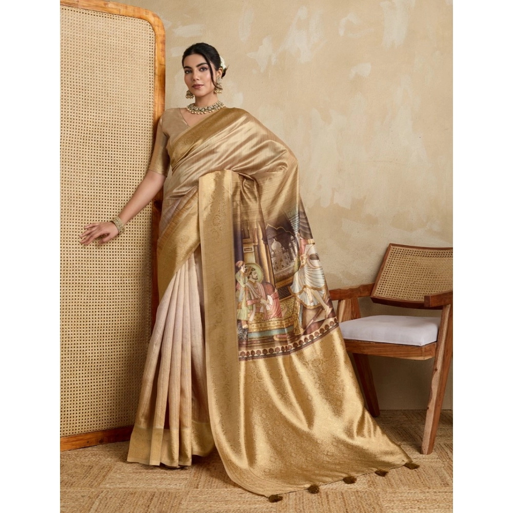 Generic Women's Silk Printed Saree With Unstitched Blouse 5.5Mtr (Gold) - Image 3