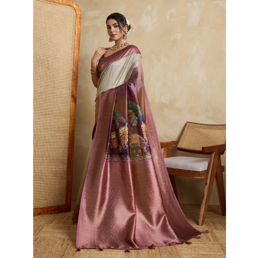 Generic Women's Silk Printed Saree With Unstitched Blouse 5.5Mtr (Wine) - Image 4