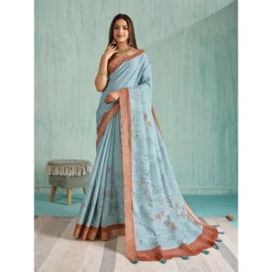 Generic Women's Silk Blend Printed Saree With Unstitched Blouse 5.5Mtr (Blue)