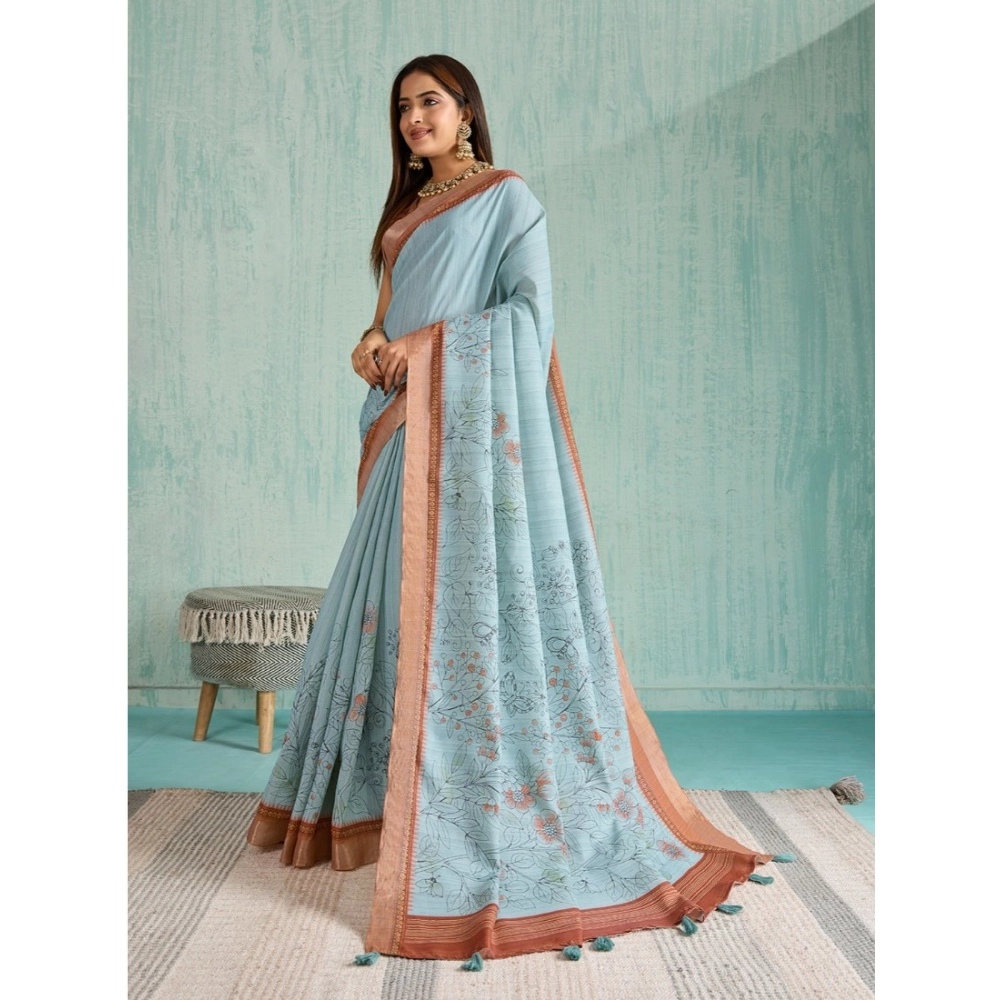 Generic Women's Silk Blend Printed Saree With Unstitched Blouse 5.5Mtr (Blue) - Image 3