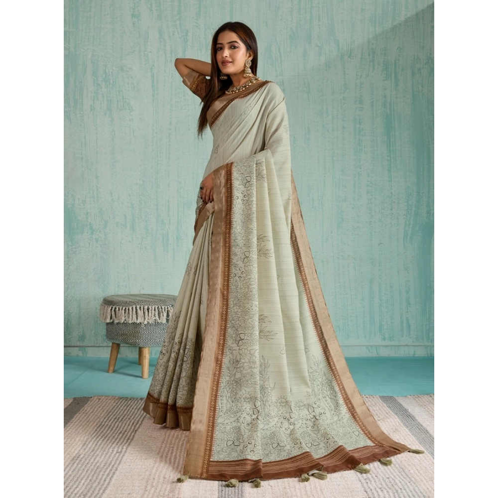 Generic Women's Silk Blend Printed Saree With Unstitched Blouse 5.5Mtr (Green) - Image 3