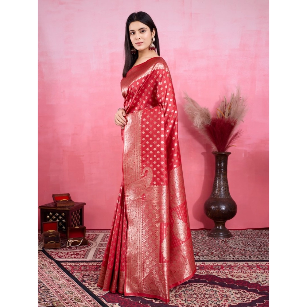 Generic Women's Banarasi Silk Printed Saree With Unstitched Blouse 5.5Mtr (Red) - Image 4