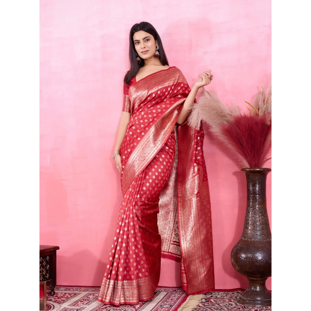 Generic Women's Banarasi Silk Printed Saree With Unstitched Blouse 5.5Mtr (Red) - Image 2