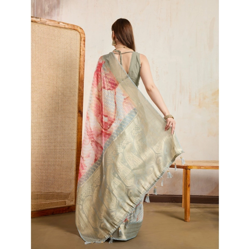 Generic Women's Viscose Printed Saree With Unstitched Blouse 5.5Mtr (Cream) - Image 4