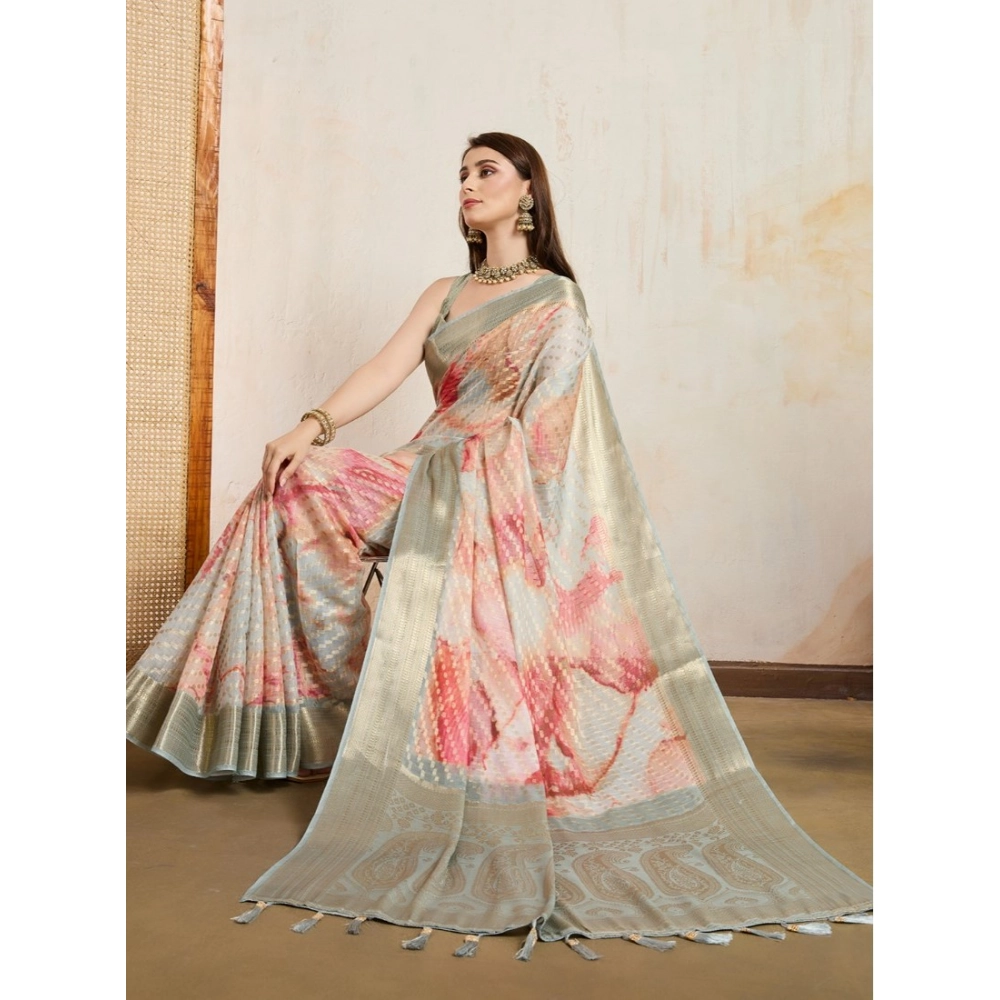 Generic Women's Viscose Printed Saree With Unstitched Blouse 5.5Mtr (Cream) - Image 2