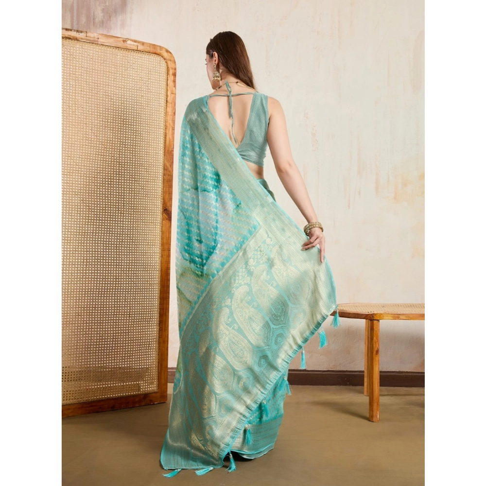 Generic Women's Viscose Printed Saree With Unstitched Blouse 5.5Mtr (Green) - Image 4