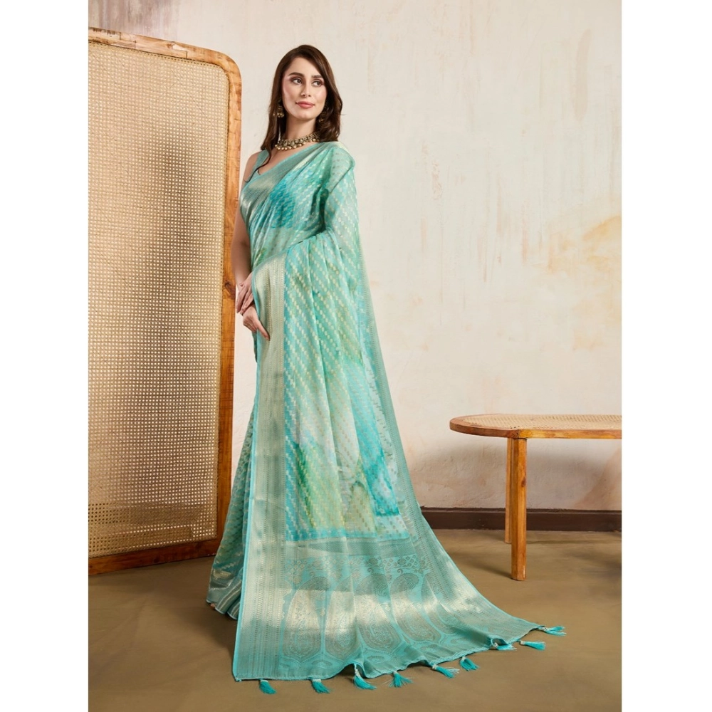 Generic Women's Viscose Printed Saree With Unstitched Blouse 5.5Mtr (Green) - Image 3