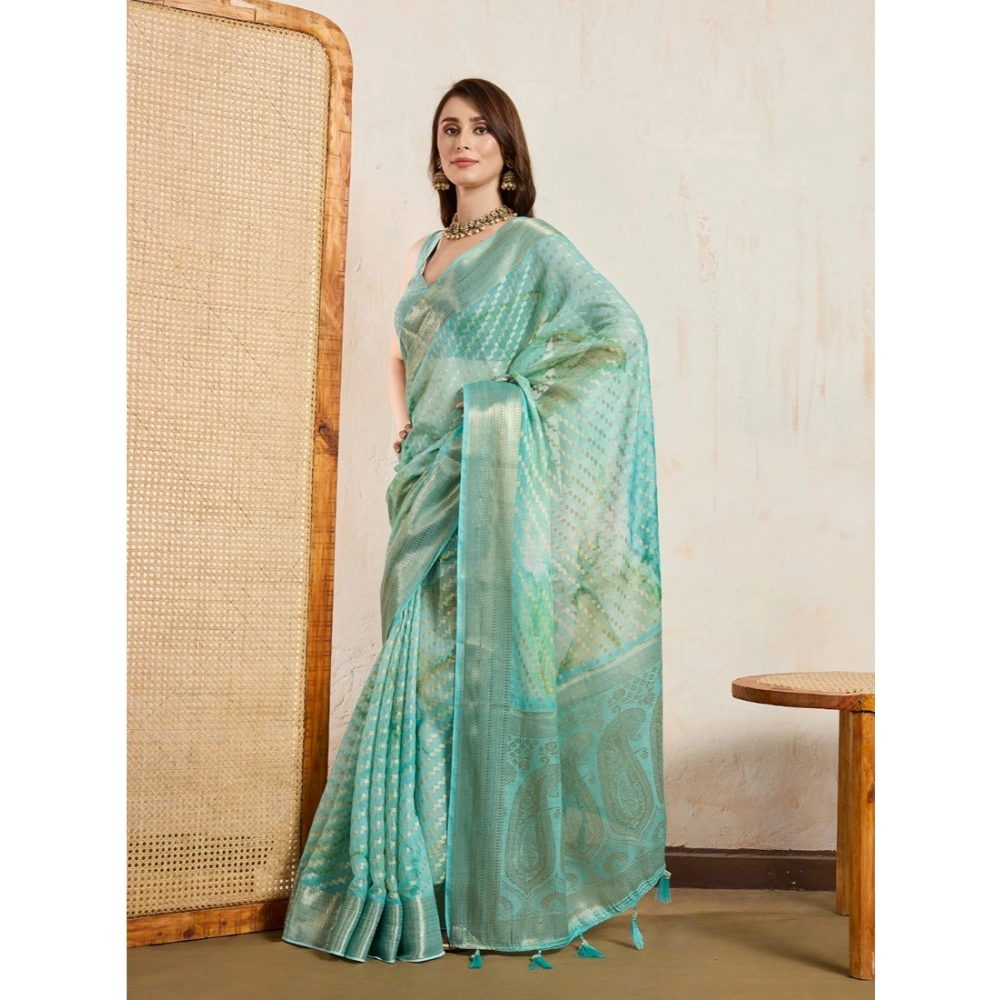 Generic Women's Viscose Printed Saree With Unstitched Blouse 5.5Mtr (Green) - Image 2
