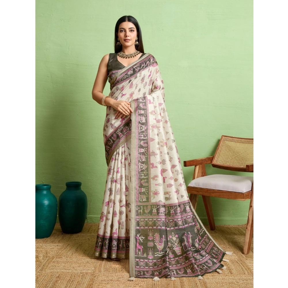Generic Women's Silk Blend Printed Saree With Unstitched Blouse 5.5Mtr (Off White)
