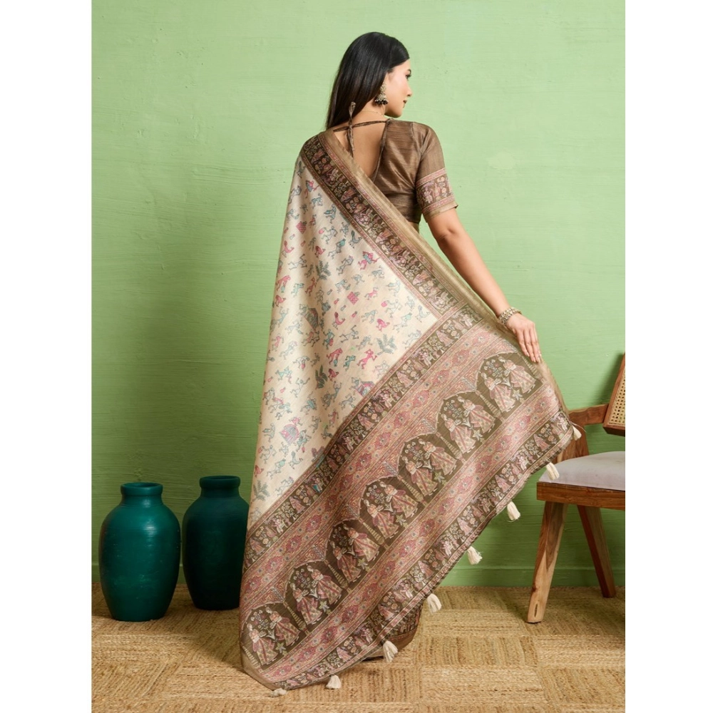 Generic Women's Silk Blend Printed Saree With Unstitched Blouse 5.5Mtr (Cream) - Image 3