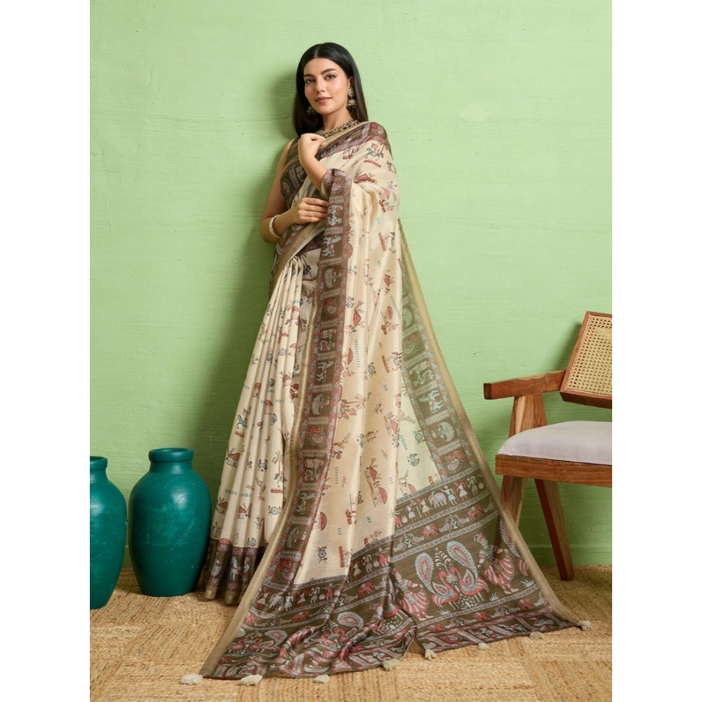 Generic Women's Silk Blend Printed Saree With Unstitched Blouse 5.5Mtr (Cream) - Image 2