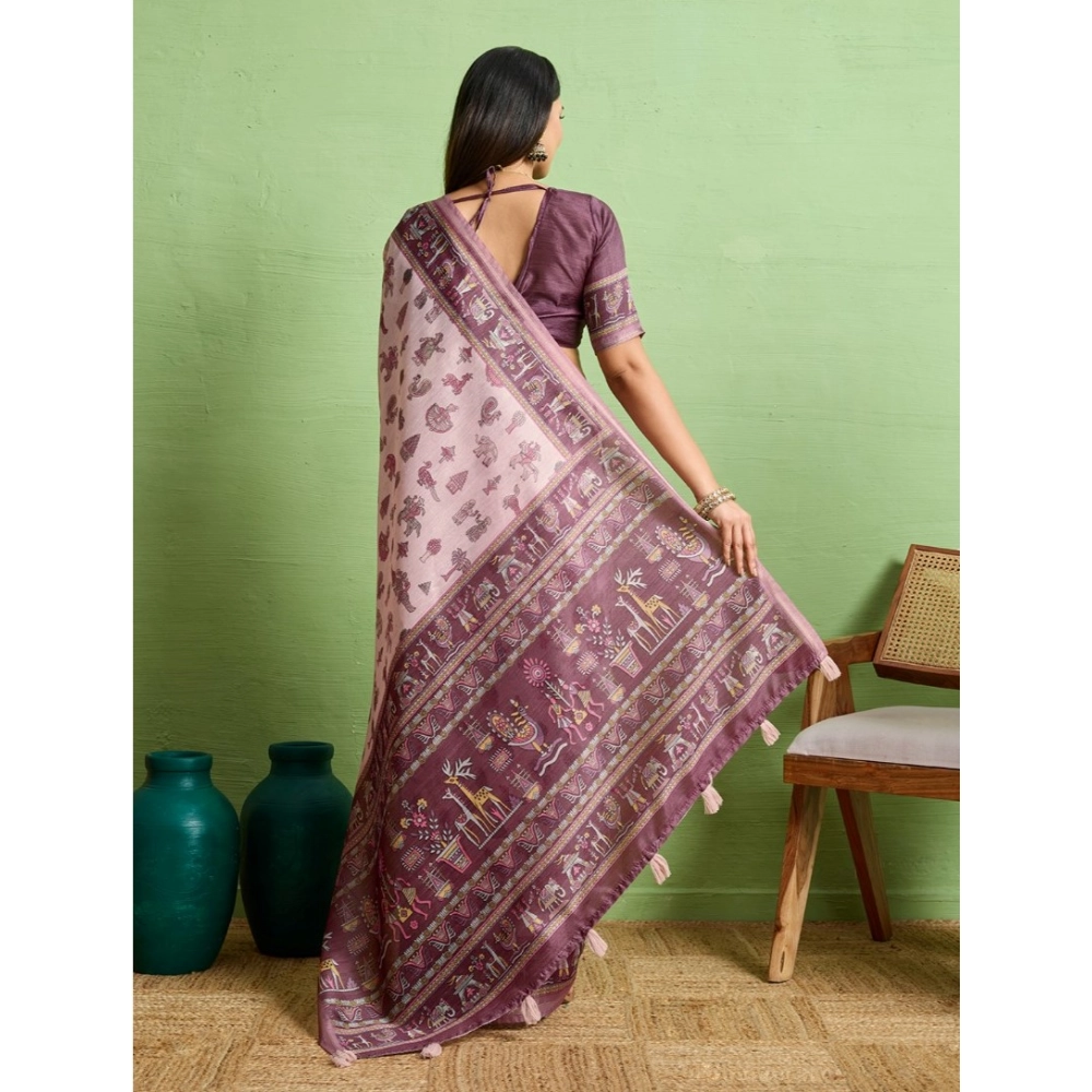 Generic Women's Silk Blend Printed Saree With Unstitched Blouse 5.5Mtr (Grey) - Image 4